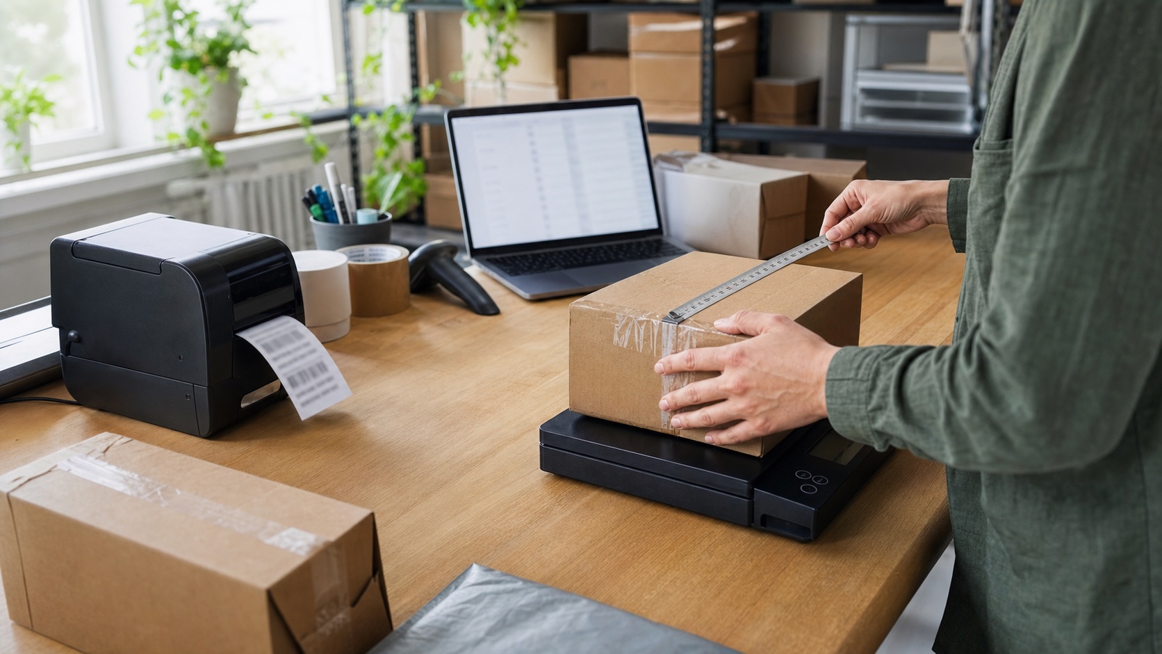 Merchant measuring a parcel at an ecommerce packing station with a scale and label printer